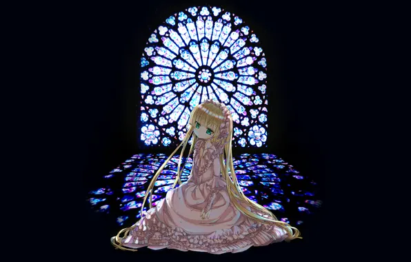 Stained glass, long hair, green eyes, pink dress, gosick, victorica de blois