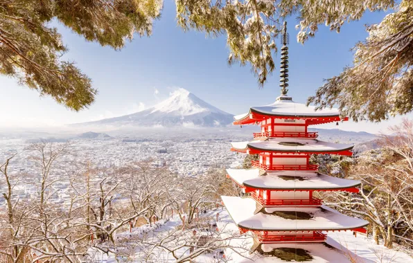 Winter, mountain, Japan, pagoda, Fuji