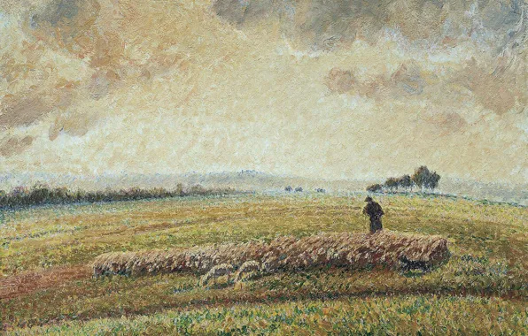 Field, nature, picture, meadow, shepherd, Camille Pissarro, Landscape with Flock of Sheep