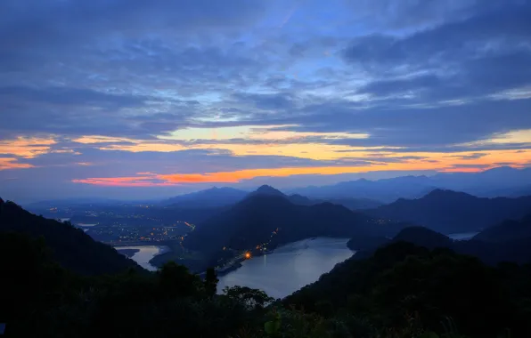 The sky, clouds, light, trees, sunset, mountains, nature, the city