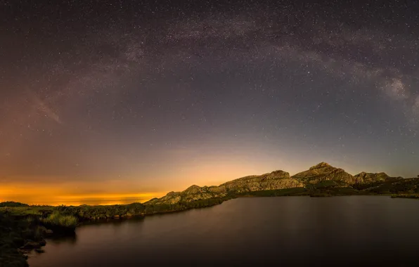 The sky, stars, light, mountains, night, lake, rocks, dawn