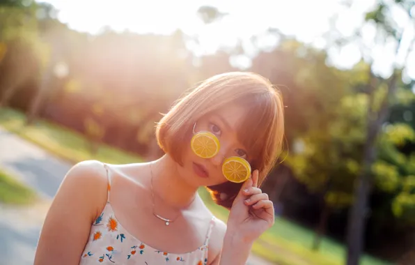 The sun, trees, pose, Park, model, portrait, makeup, dress