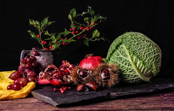 Grapes, still life, cabbage, grenades
