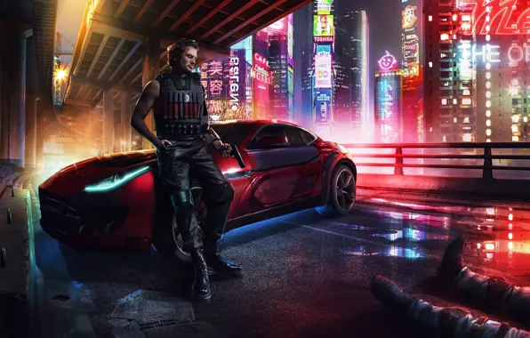 Car, Gun, Neon, Man, Cyberpunk, Futuristic