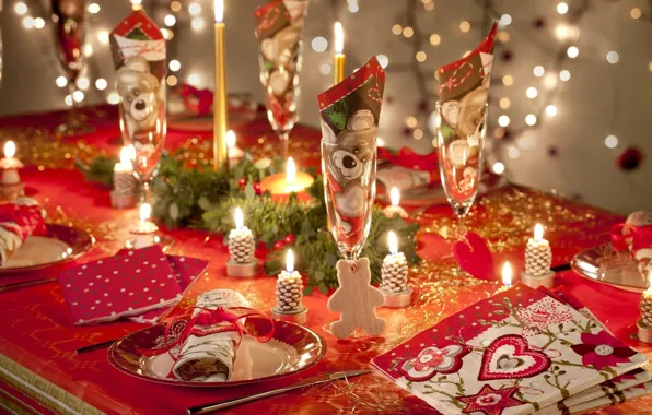 Decoration, table, candles, New Year, Christmas, holidays, Christmas, holidays