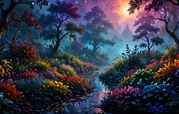 Forest, landscape, flowers, nature, stream, tale, plants