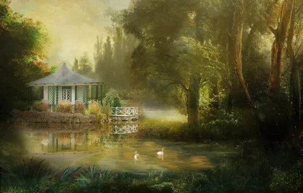 Picture summer, trees, landscape, nature, lake, pond, Park, rendering