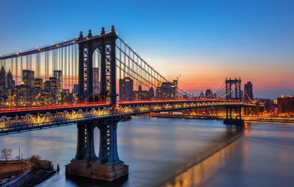 The sky, sunset, lights, reflection, New York, mirror, Manhattan bridge, United States