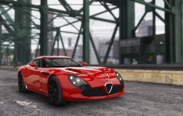 Red, bridge, Alfa Romeo, TZ3, GTA 5, Road