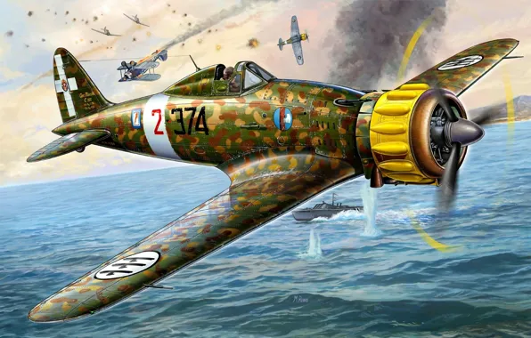 Picture sea, the sky, fighter, battle, art, boat, Italian, C.200