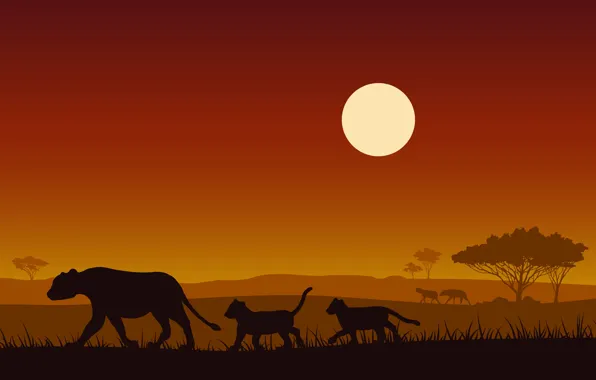 Sunset, The sun, Trees, Lioness, Kittens, Art, Lion cub