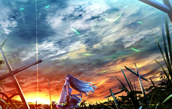 The sky, grass, girl, clouds, sunset, nature, weapons, crosses