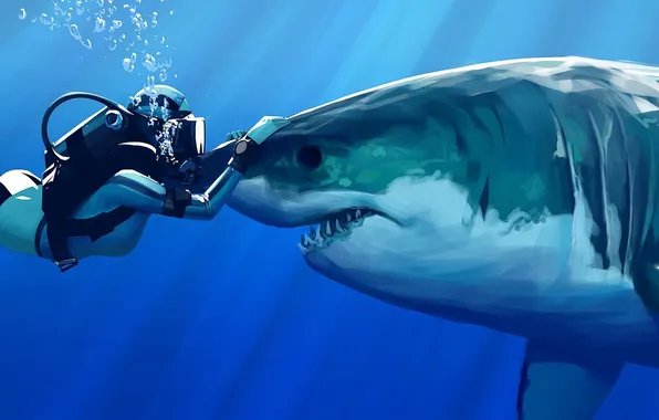Picture water, Girl, shark, touch