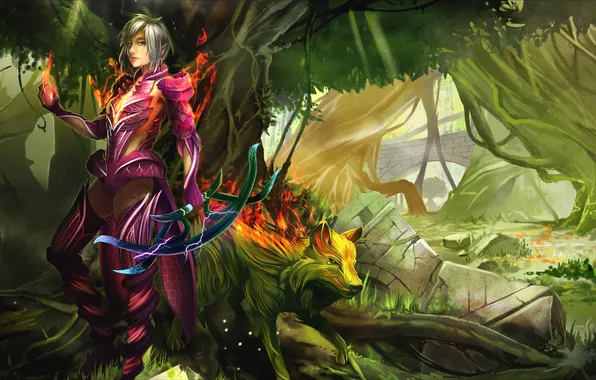 Picture forest, weapons, fire, magic, Girl, elf