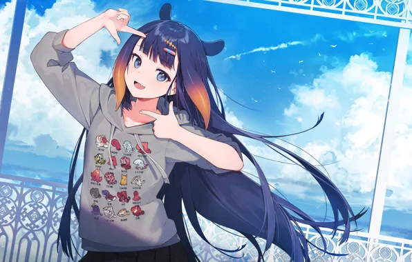 Smile, gesture, long hair, blue sky, sweatshirt, Virtual Youtuber, ears zhivotonogo, Virtual YouTuber