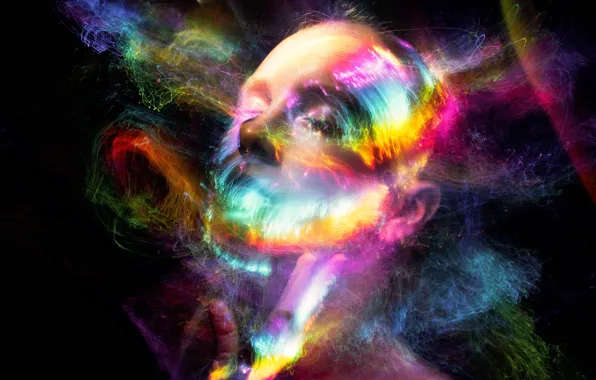 Girl, light, line, orange, yellow, abstraction, face, green