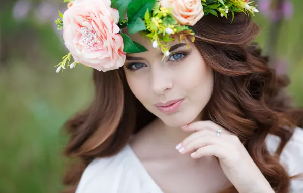Wallpaper summer, look, leaves, girl, flowers, nature, face, pose