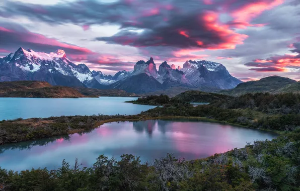 Clouds, mountains, lake, shore, Andes, Patagonia