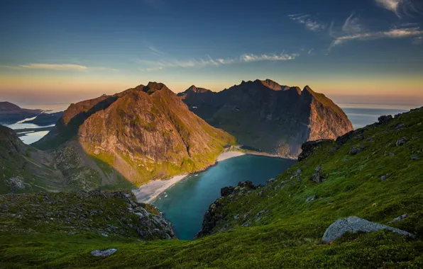 The sky, grass, clouds, sunset, mountains, lake, slope