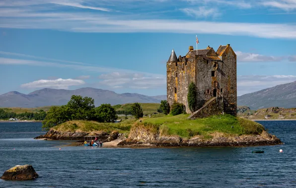 Picture summer, clouds, mountains, blue, stones, castle, hills, shore