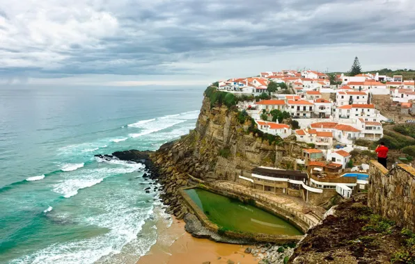 Picture sea, clouds, coast, town