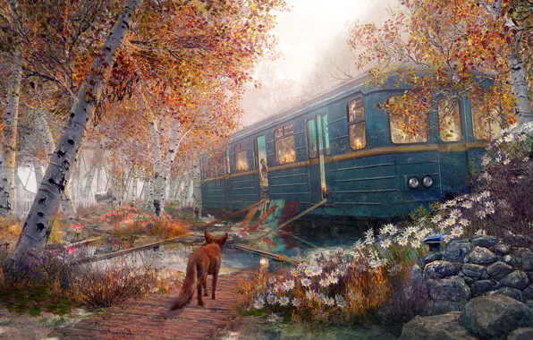 Trees, flowers, the car, Fox, Russian Summer House in Autumn