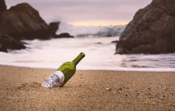 Waves, beach, wine, rocks, sand, dusk, seaside, bottle
