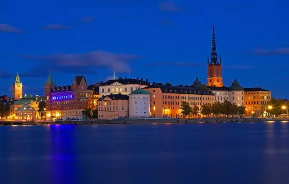 Sea, night, lights, home, Stockholm, Sweden