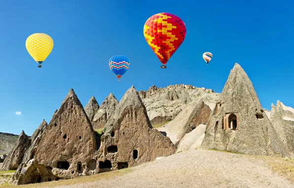 The sky, the sun, balloons, stones, rocks, colorful, Turkey, Cappadocia