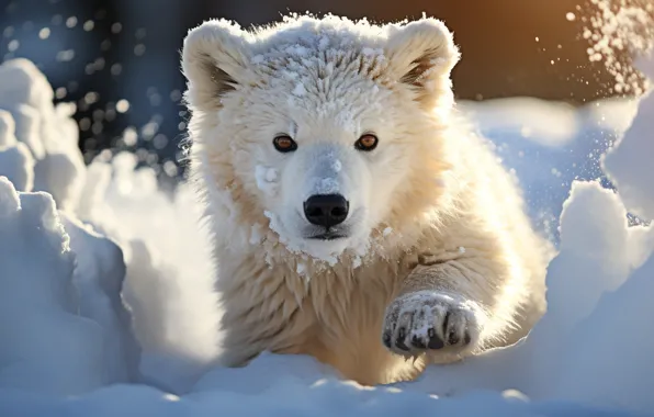 Winter, look, light, snow, paw, portrait, the snow, bear