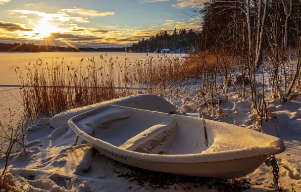 Winter, lake, boat, morning