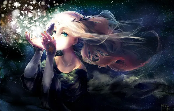 Picture the sky, girl, stars, night, magic, anime, art, wreath
