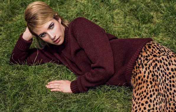 Skirt, makeup, actress, hairstyle, lies, photoshoot, on the grass, Emma Roberts