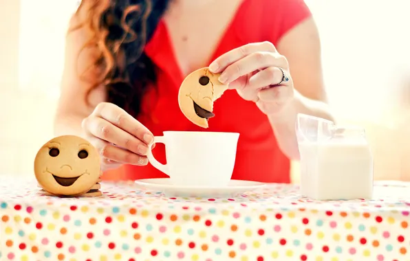Picture girl, people, cookies, smile, the tea party