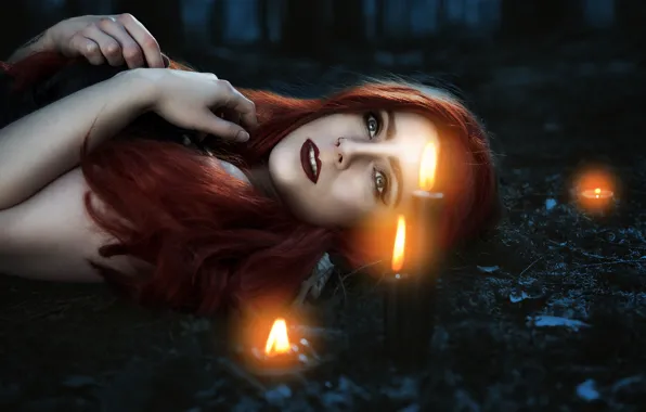 Girl, mood, candles, makeup, piercing, red hair, retouching, Mine Miraculous