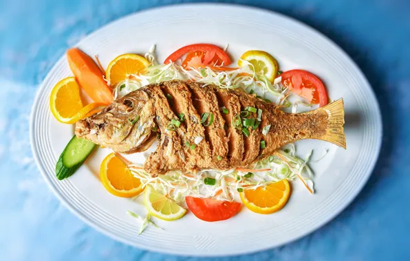 Table, food, fish, oranges, bow, plate, chopped, tomatoes