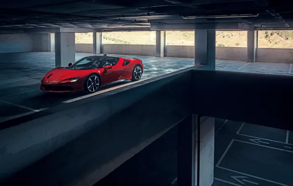 Ferrari, sports car, Parking, Road, SF90