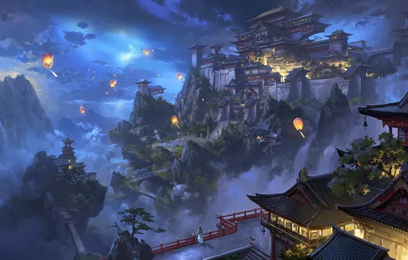 Night, the city, lanterns, ling xiang