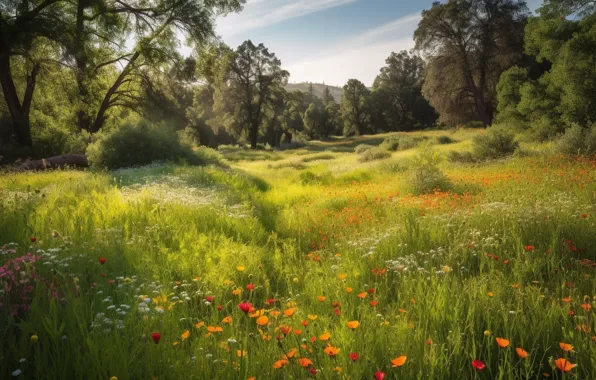 Greens, field, forest, summer, grass, trees, landscape, flowers