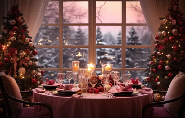 Balls, food, candles, glasses, window, Christmas, New year, feast