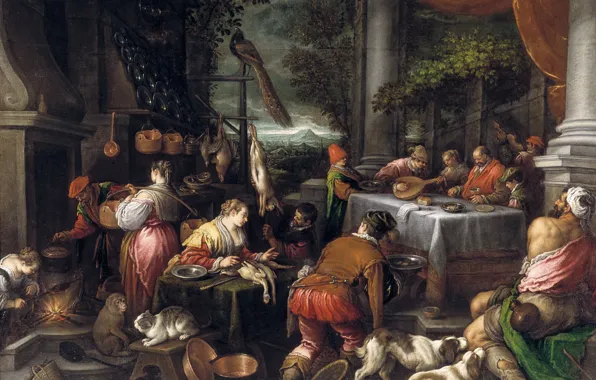 Picture animals, people, picture, genre, mythology, The rich man and Lazarus, Leandro Bassano