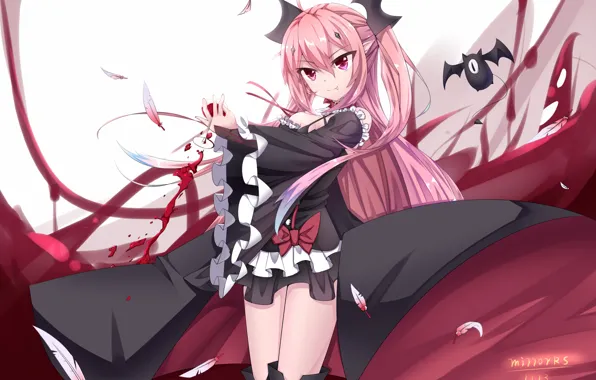 Girl, blood, glass, feathers, vampire, Owari no Seraph, The last Seraphim