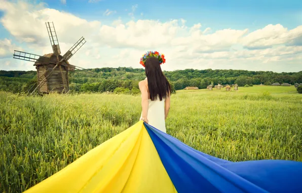 Field, the sky, grass, clouds, nature, hair, back, flag