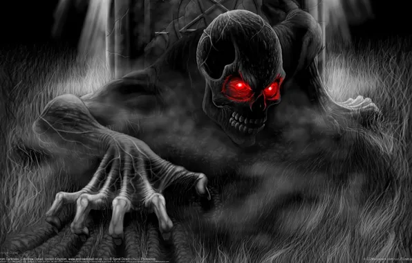 Skull, black and white, monster, Death, Andrew Dobell