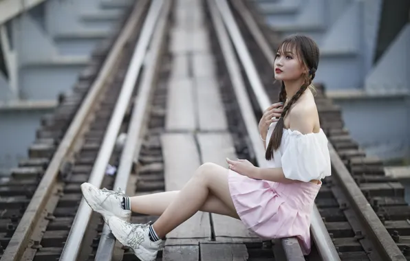 Pose, railroad, Asian, beautiful girl, braids, pink skirt, bare shoulders, sitting on the rails