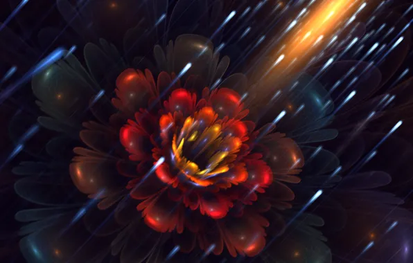 Flower, fireflies, petals, art, fractal