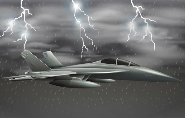 The plane, Lightning, Fighter, Rain, Clouds, Art