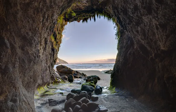 Beach, nature, stones, the ocean, cave, Oregon, Heceta Head Lighthouse Scenic Viewpoint