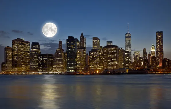 City, USA, Moon, Clouds, Sky, New York, Night, Building