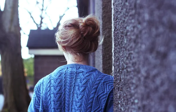 Girl, background, wall, tree, blue, Wallpaper, mood, hair